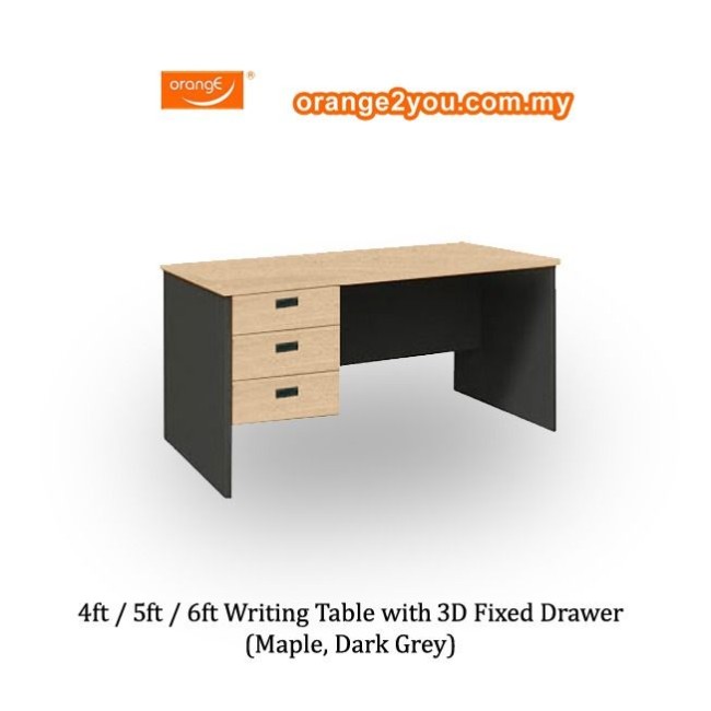 OBP 4ft / 5ft / 6ft Writing Table + 3D Fixed Drawer (Maple/ Dark Grey)